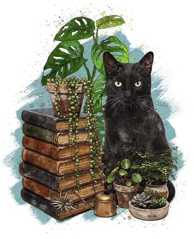 Commissioned watercolor by @elvenwings Watercolor illustration of a black cat with green eyes sitting beside a stack of old books topped with a trailing string-of-pearls plant, surrounded by potted plants and a brass watering can.