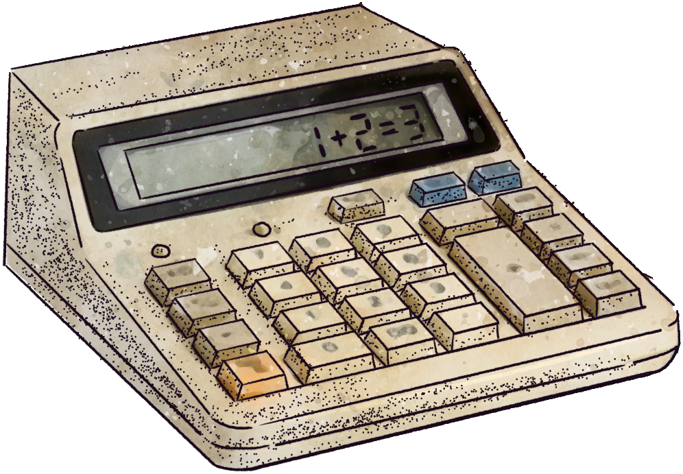 Commissioned watercolor by @elvenwings Watercolor illustration of a vintage desk calculator, its display reading 1+2=3.