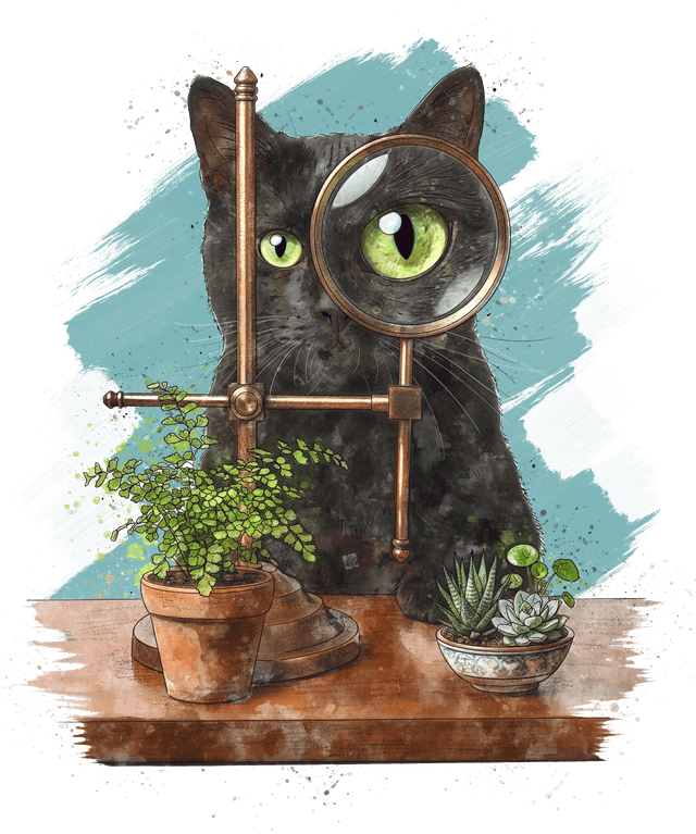 Watercolor illustration of Elune, a black cat with green eyes, peering through a brass magnifying glass mounted on an articulated stand so one eye is enlarged by the lens, with a potted maidenhair fern and a small dish of succulents on the wooden desk in front.