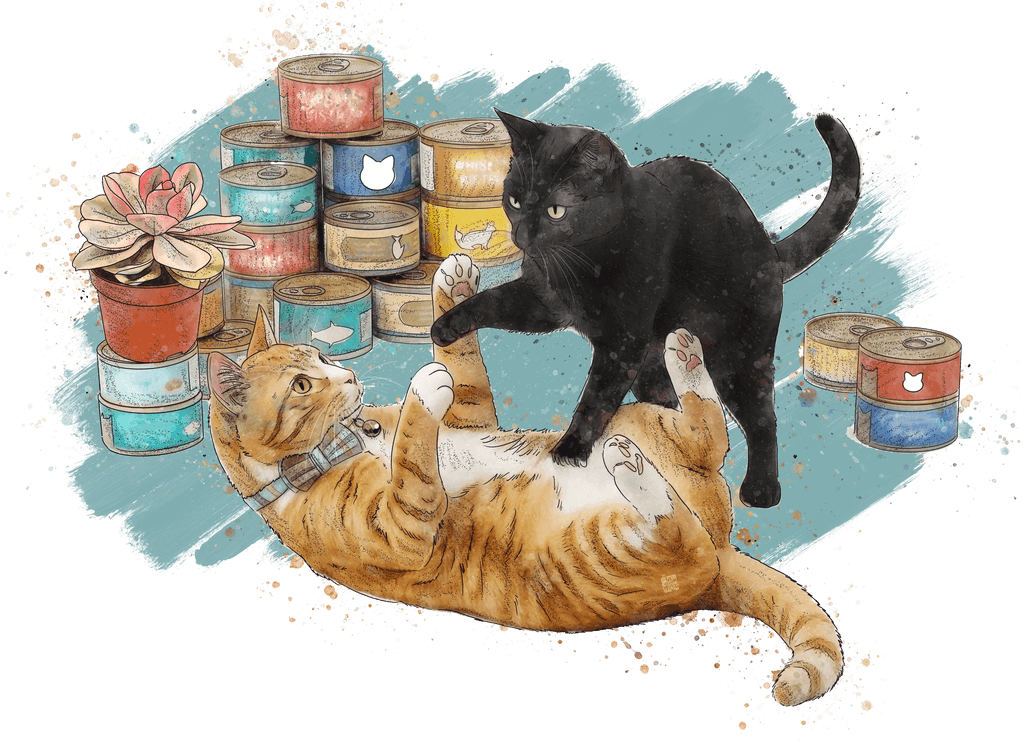 Watercolor illustration of Iggy, an orange tabby cat, lying on his back and play-wrestling with Elune, a black cat standing over him, surrounded by stacks of cat food cans and a potted succulent.