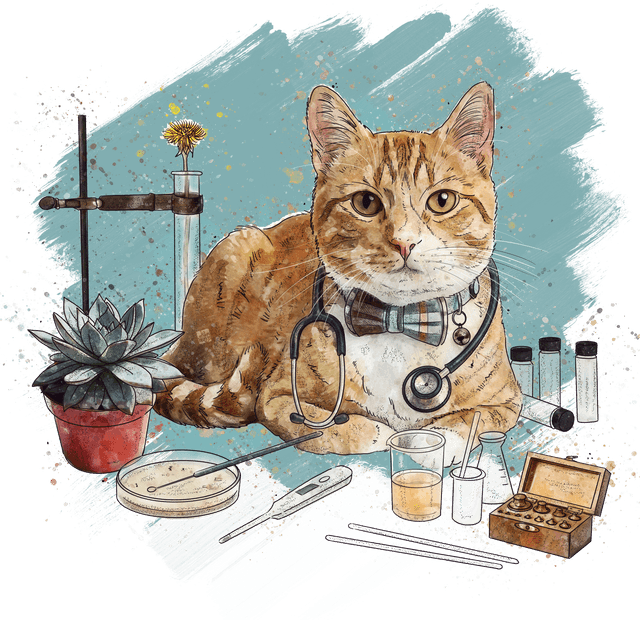 Commissioned watercolor by @elvenwings Watercolor illustration of Iggy, an orange tabby cat wearing a plaid bow tie and a stethoscope, lying on a lab bench among test tubes, a petri dish, a beaker, a thermometer and a wooden case of vials, with a potted succulent and a dandelion in a test-tube vase alongside.