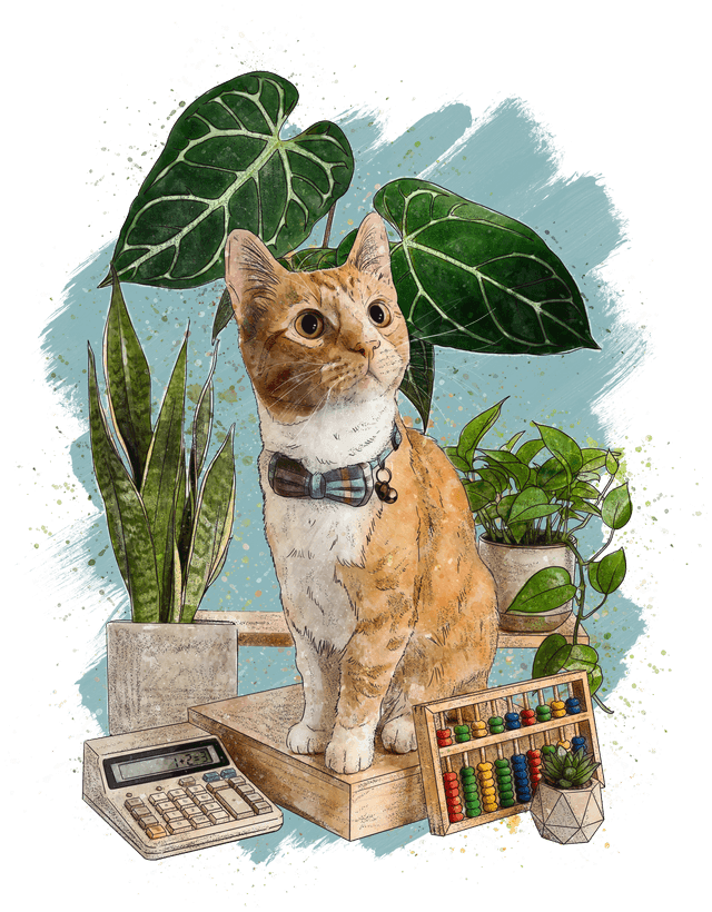 Commissioned watercolor by @elvenwings Watercolor illustration of Iggy, an orange and white tabby cat wearing a plaid bow tie, standing on a wooden platform beside a vintage desk calculator and a colorful abacus, surrounded by potted plants.