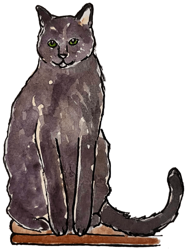 Watercolor painting of Sweet Pea, a dark gray cat with green eyes, sitting upright on a wooden shelf with her soft blue shadow behind her.