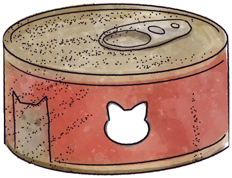 Watercolor illustration of a cat food can with a red label and a cat-shaped window, its pull-tab lid on top.